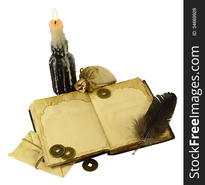 Pirate book with open pages and burning candle in black bottle isolated. Pirate book with open pages and burning candle in black bottle isolated