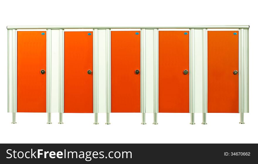 Orange restroom stall doors in the gyms room isolated on white background