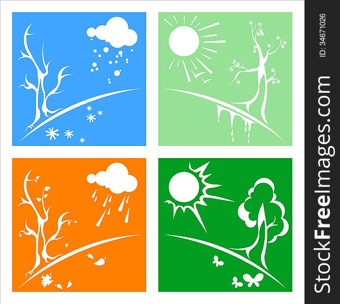 To four picture in one file. seasons: winter, summer, fall and spring. different color with a precipitation and signs.