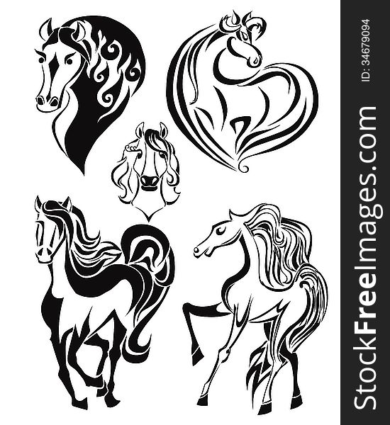 Silhouettes of horses on a white background. Silhouettes of horses on a white background