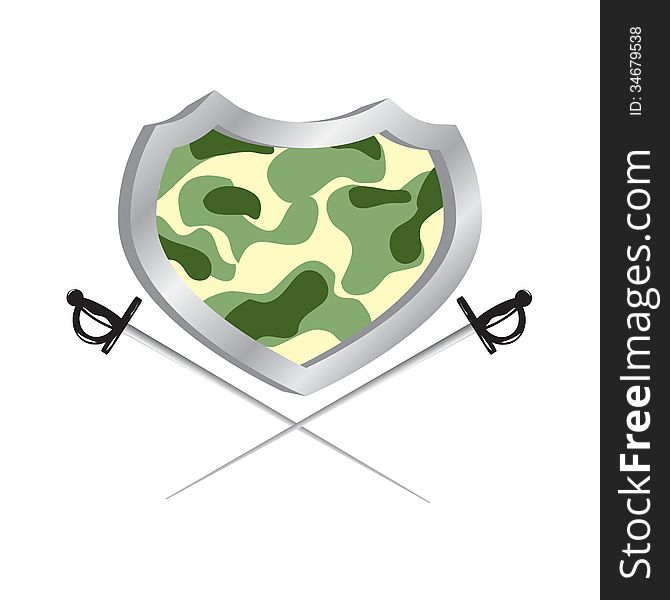 Logo. Shield with camouflage and two swords