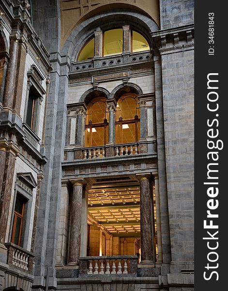 The indoor facade of the Railway station in Antwerp.