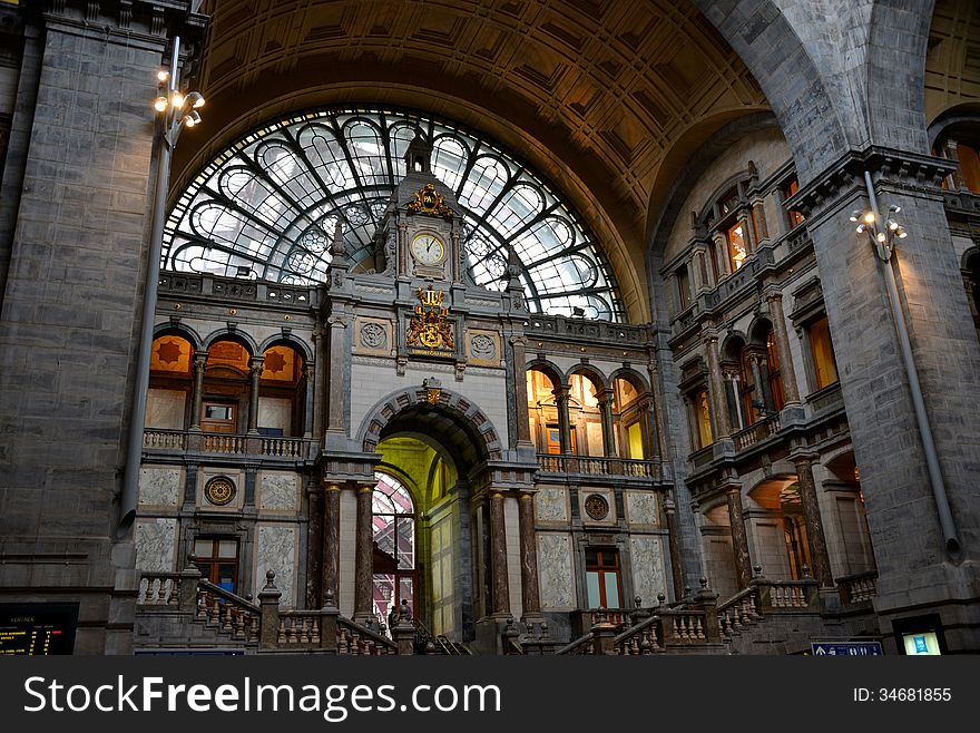 The indoor facade of the Railway station in Antwerp.