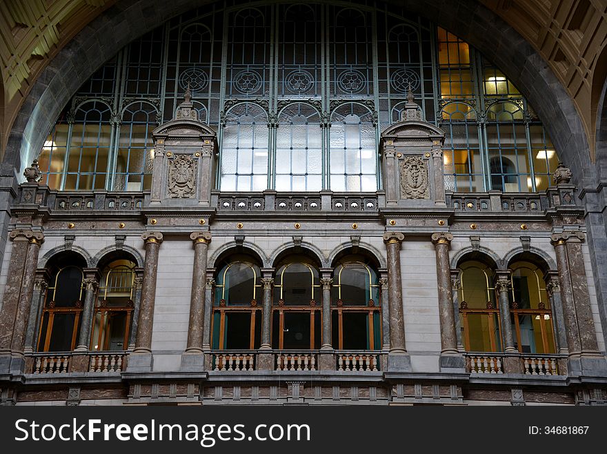 The indoor facade of the Railway station in Antwerp.