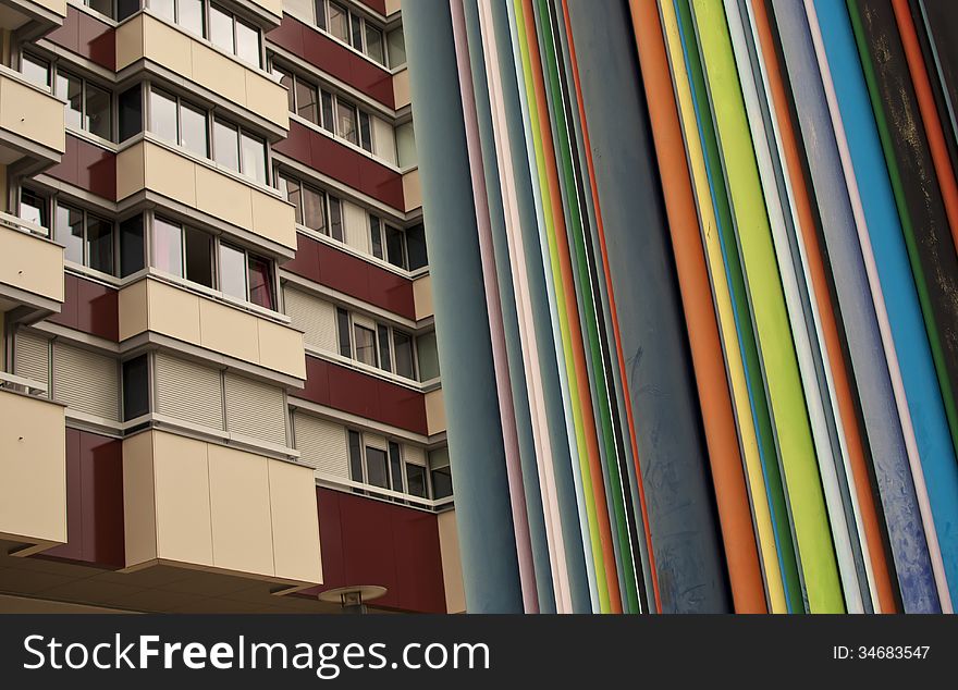 Modern apartment building with colorful art