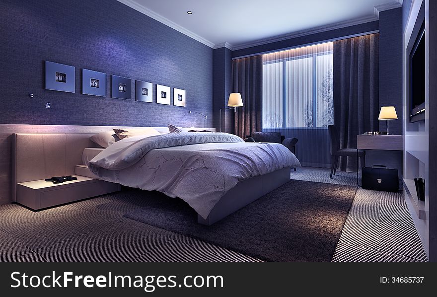The modern interior of the guest rooms, evening interior, 3d render. The modern interior of the guest rooms, evening interior, 3d render