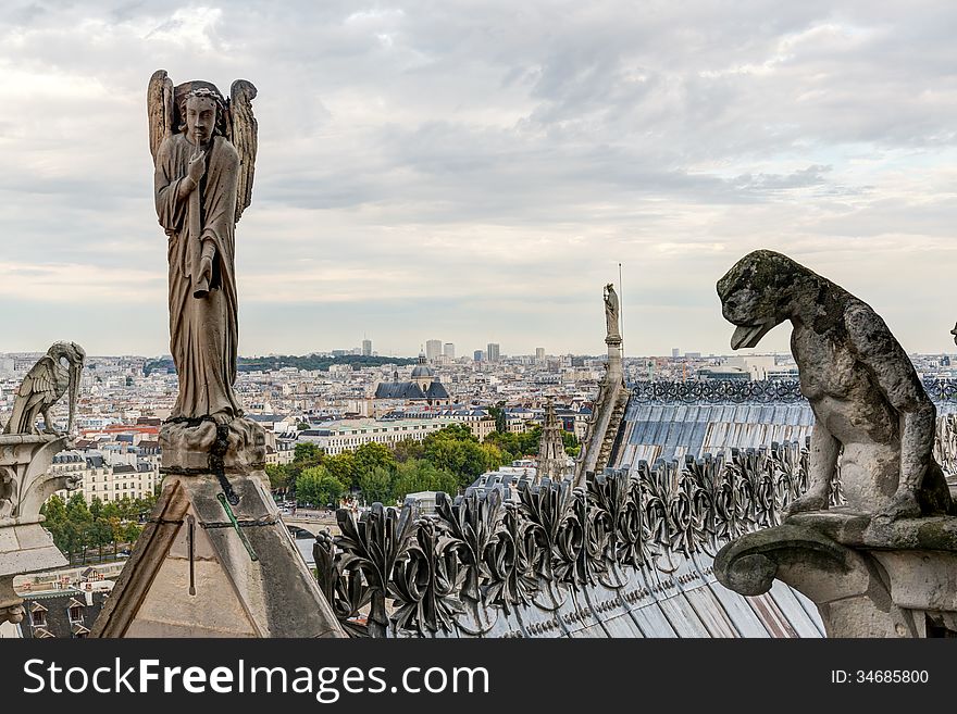 Statues and Chimeras &#x28;gargoyles&#x29; of the Cathedral of Notre Dame
