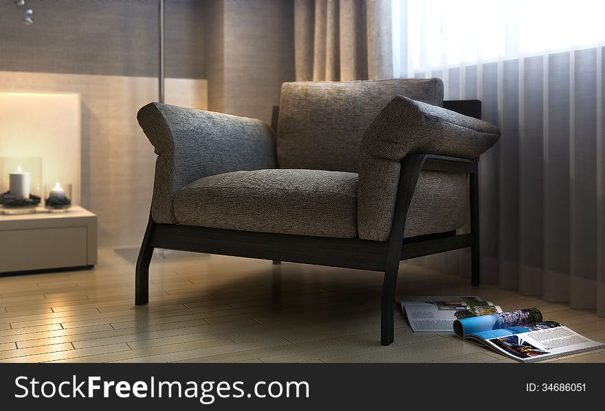 Modern chair by the window, 3d render