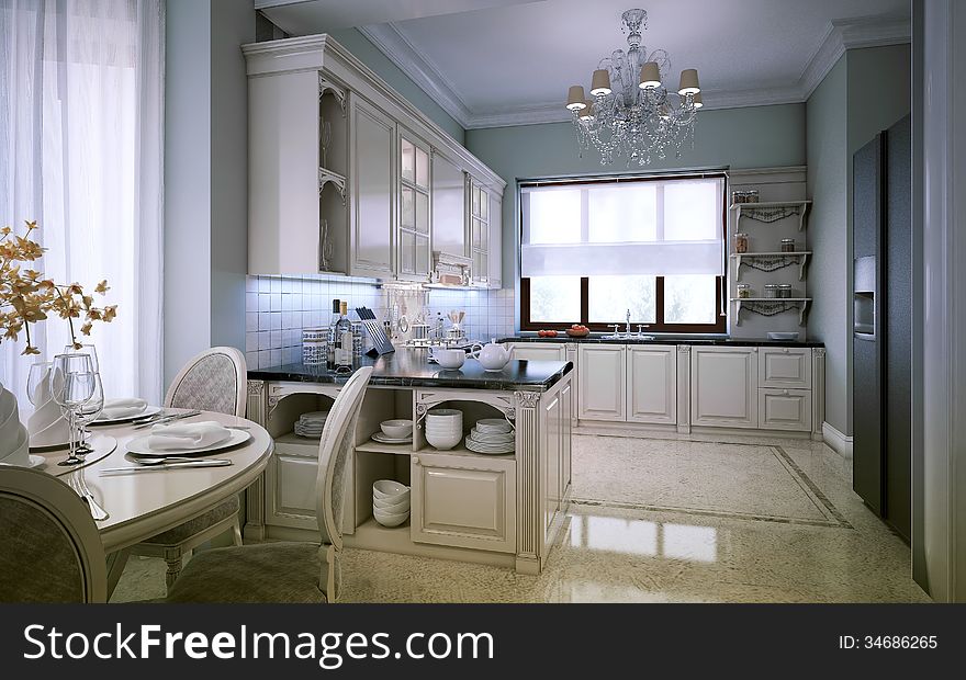 Classic kitchen interior, 3d rendering