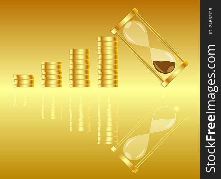 Vector picture of gold coins and hourglass. Vector picture of gold coins and hourglass.