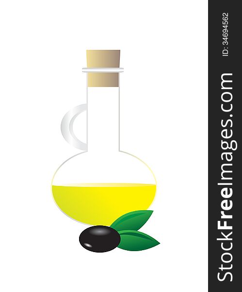 Olives. A bottle of olive oil