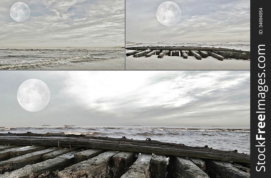 Seascape collage with full moon over Atlantic ocean. Seascape collage with full moon over Atlantic ocean