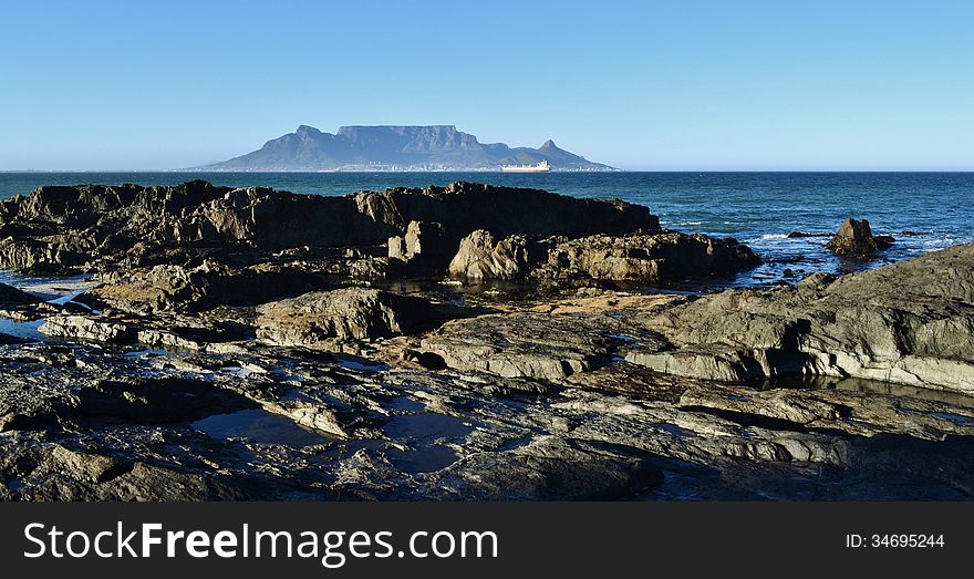 Landscape with rocks and Table Mountain