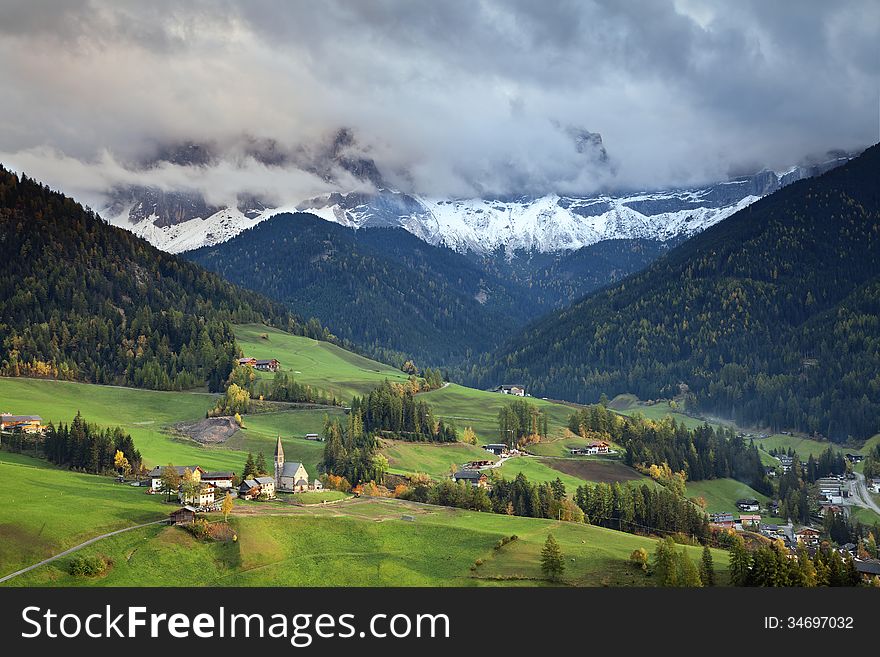 Beautiful St. Magdalena village in a gorgeous valley located in Italian Alps.