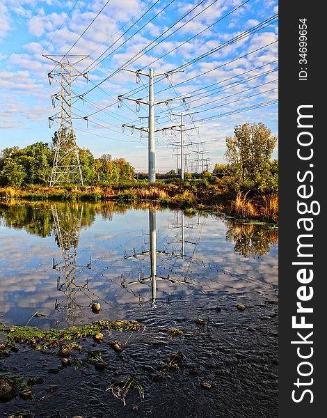 High-voltage tower sky background.