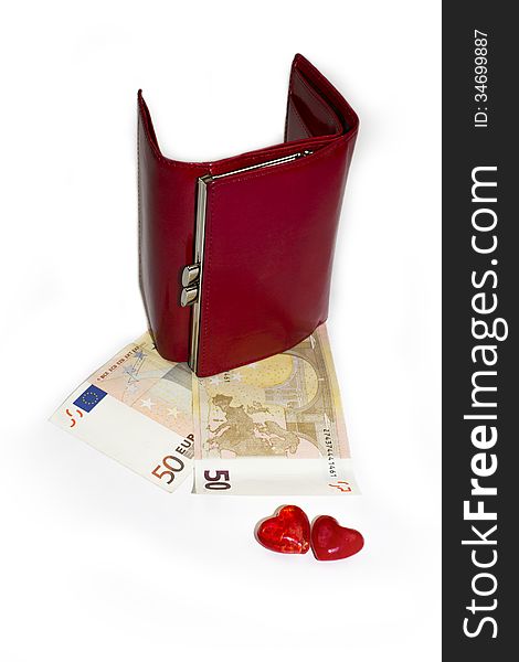 Euro euro money on white background - red wallet.