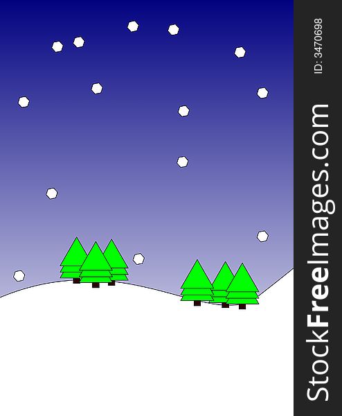 A snowy winter scene of snowflakes with pine trees, suitable for wallpaper or cards.