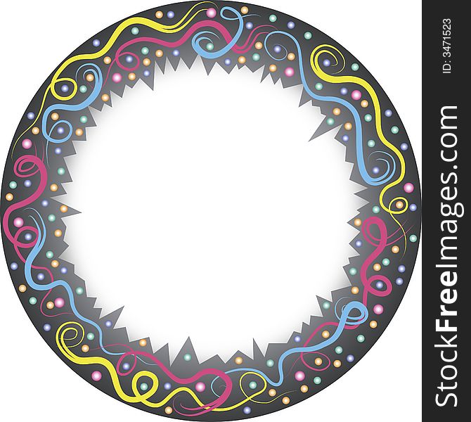 Gradient round frame with colored curved lines around and little colored plastic balls. A white frame in the middle for filling with text. Available as Illustrator-file. Gradient round frame with colored curved lines around and little colored plastic balls. A white frame in the middle for filling with text. Available as Illustrator-file