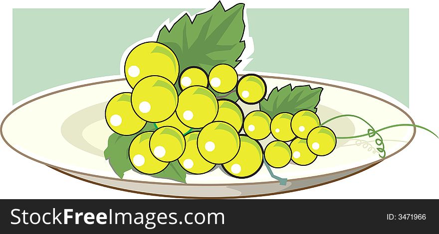 Green grapes on a white plate
with grape leavews