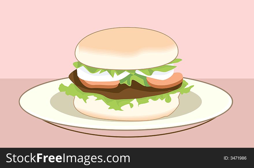 Burger on plate with more green leaves