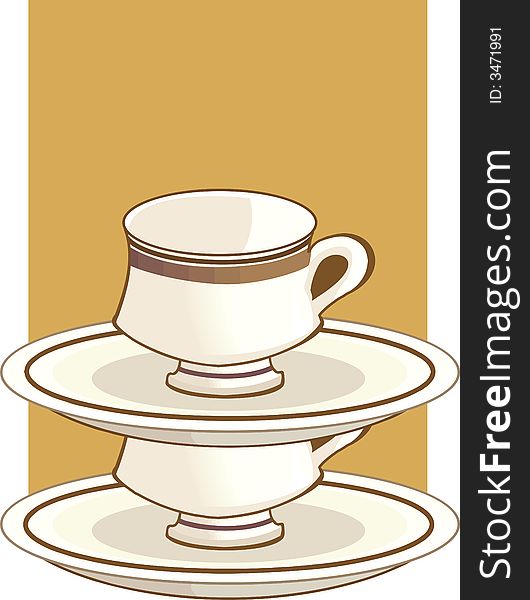 Cup and saucer one on another in yellowish brown screen