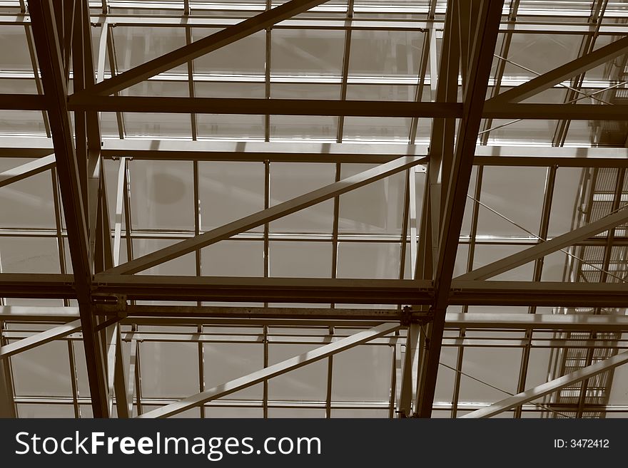 Big Window barrier in Frankfurt Airport Terminal 2 the steel construction shoring the windows in slab. Big Window barrier in Frankfurt Airport Terminal 2 the steel construction shoring the windows in slab