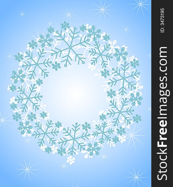 A clip art illustration of a wreath created with snowflakes in blue and white colors. A clip art illustration of a wreath created with snowflakes in blue and white colors
