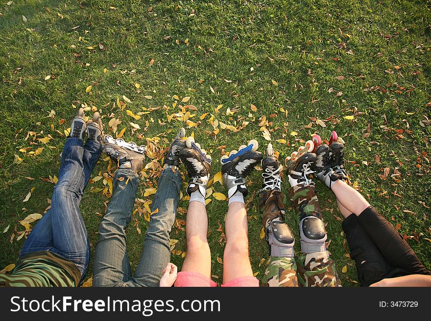 Roller legs on the autumn grass. Roller legs on the autumn grass