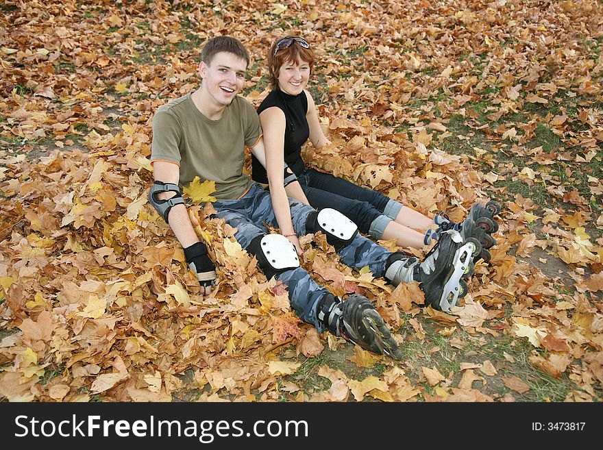 Young roller couple sit on yellow leaves. Young roller couple sit on yellow leaves