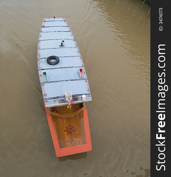 Canal boat in Thailand, aerial view