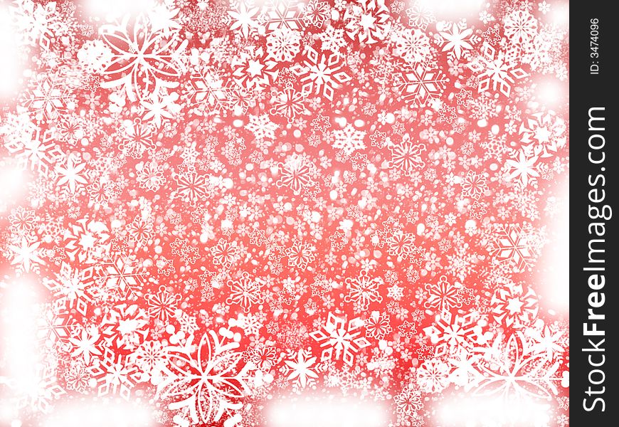 White snowflakes over light red background with feather corners. White snowflakes over light red background with feather corners