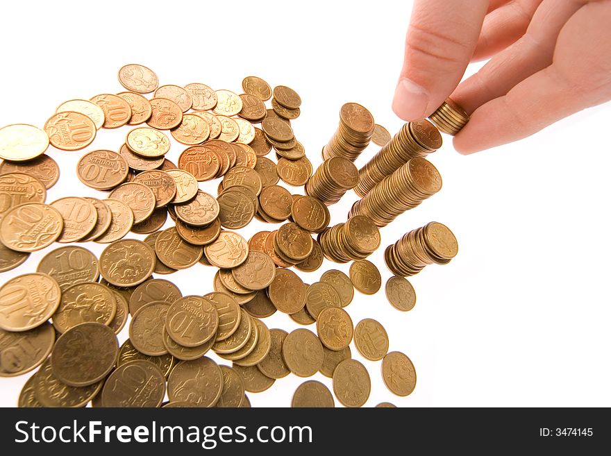 Many money coins over white background