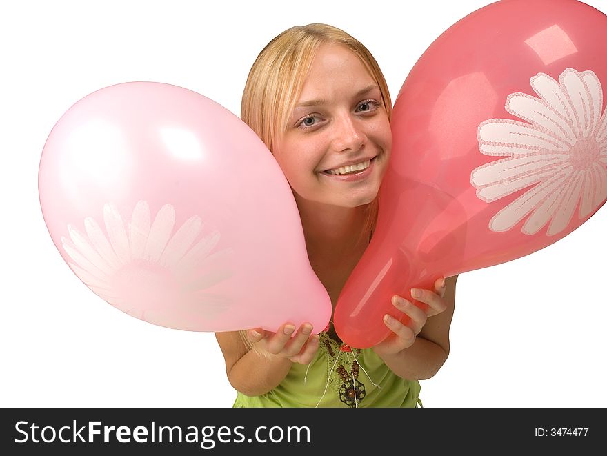 The girl with balloons on a white background