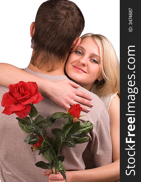 The guy, girl and a rose on white background. The guy, girl and a rose on white background