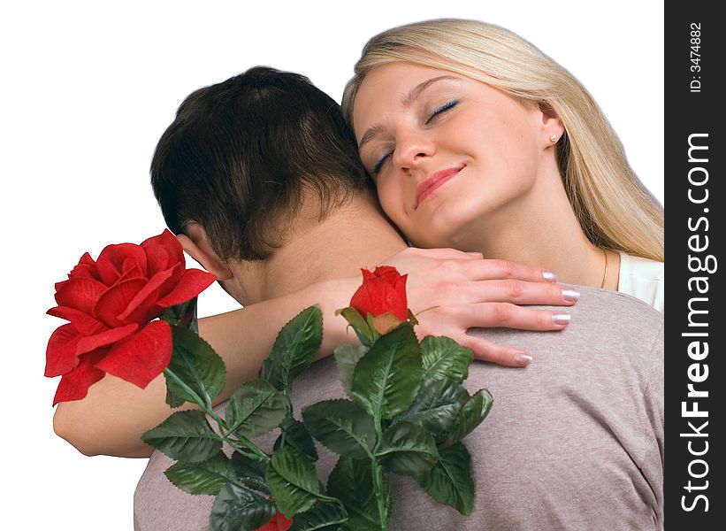 The guy, girl and a rose on white background. The guy, girl and a rose on white background