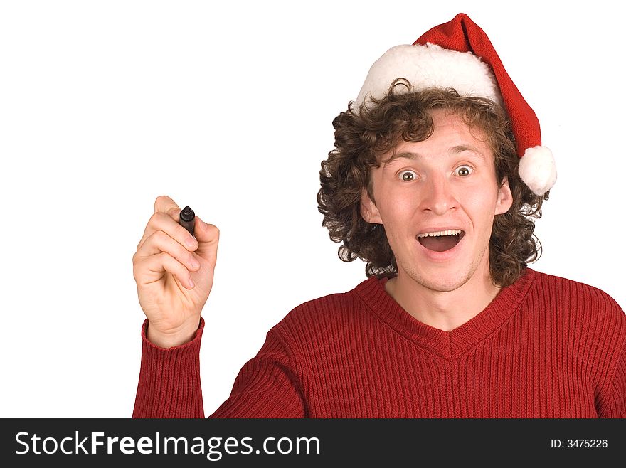 Young the man in cap Santa Claus on a white background. Young the man in cap Santa Claus on a white background