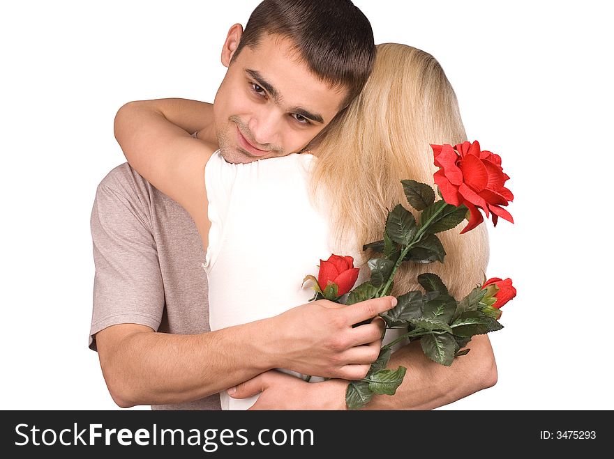 The guy, girl and a rose on white background. The guy, girl and a rose on white background