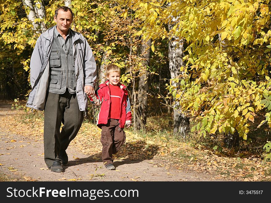 Grandfather with the grandson walk in park in autumn