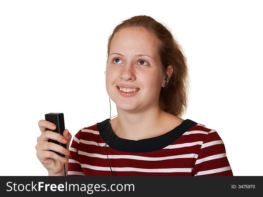 Girl with mp3 player, isolated on white background