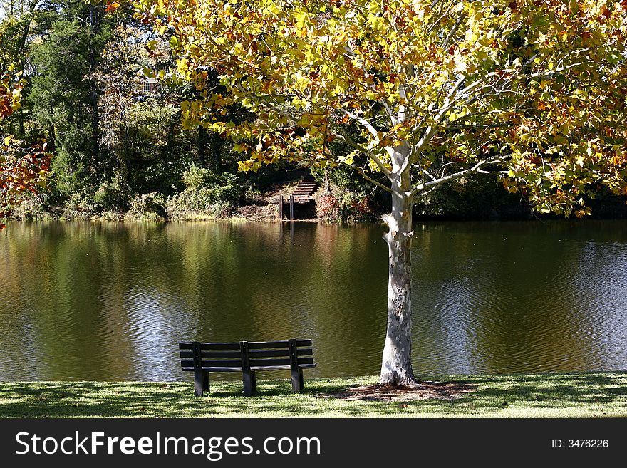 A lake side bench awaits one to sit and rest on a sunny day in early autumn. A lake side bench awaits one to sit and rest on a sunny day in early autumn.