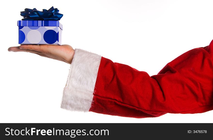 Santa clause holding a blue box present. Santa clause holding a blue box present
