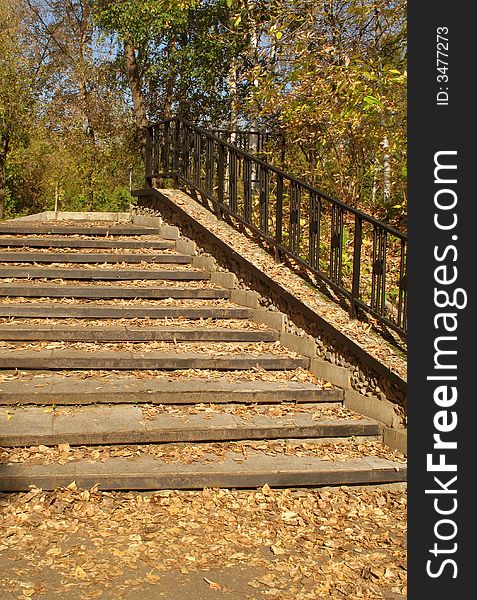 The stone ladder covered with yellow fallen down leaves. The stone ladder covered with yellow fallen down leaves