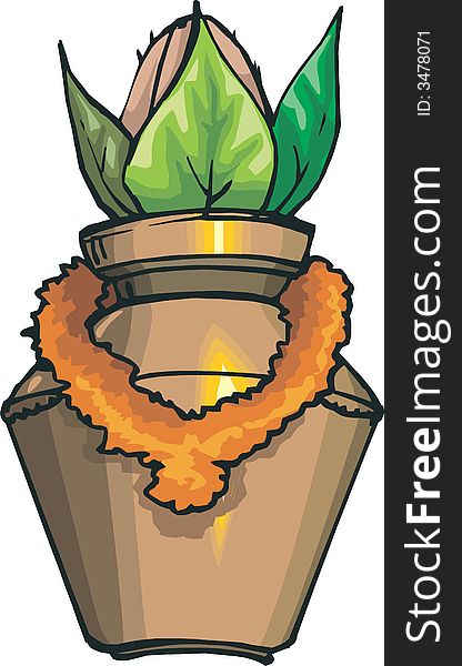 Illustration of Sacred-Pot ornamented with coconut and betel leaves.