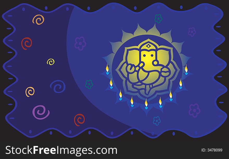 Illustration of Lord Ganesh in radiant blue light with flowers