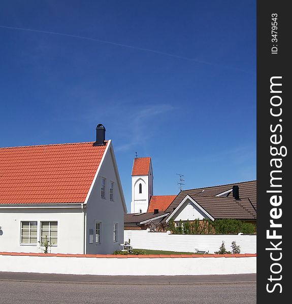 Rooftops in swedish village landscape