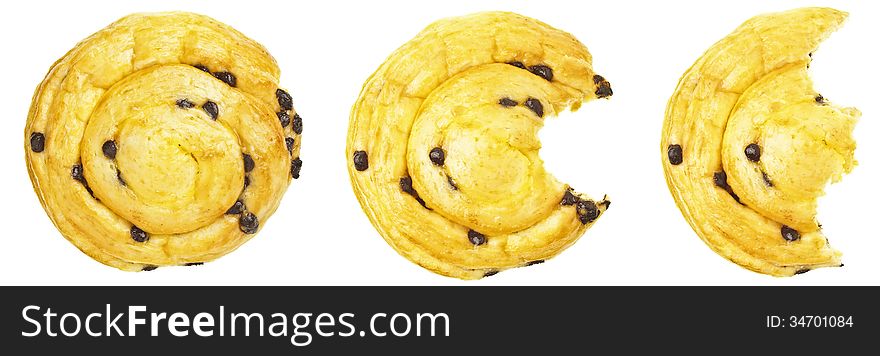 Step of eatting danish pastry bread on white background. Step of eatting danish pastry bread on white background