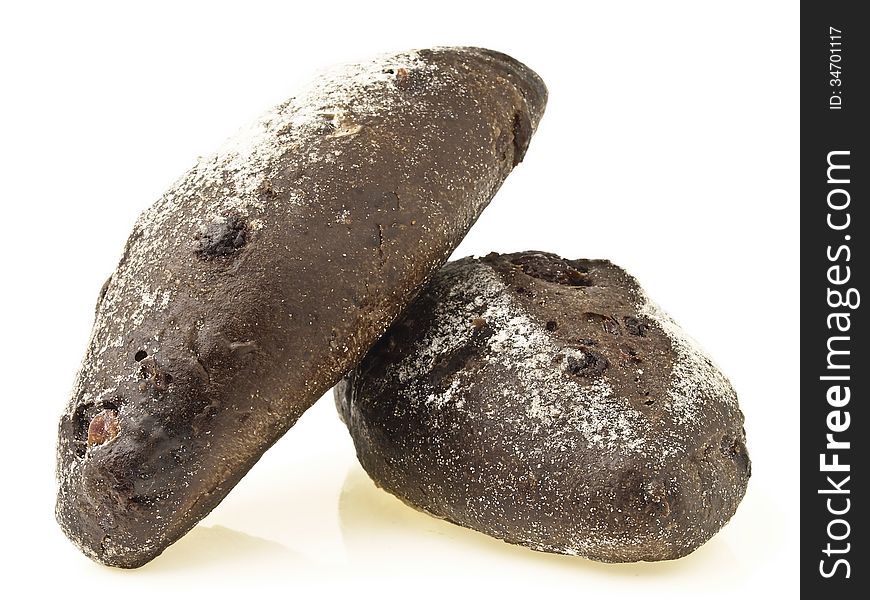 Pile of two banana loves choco soft bread on white background. Pile of two banana loves choco soft bread on white background