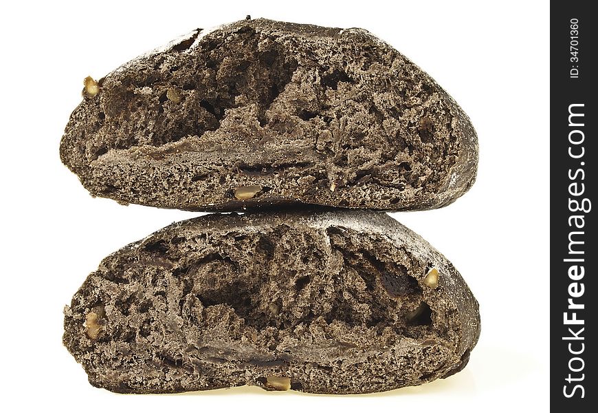 Cross section of half cutting banana loves choco soft bread on white background. Cross section of half cutting banana loves choco soft bread on white background