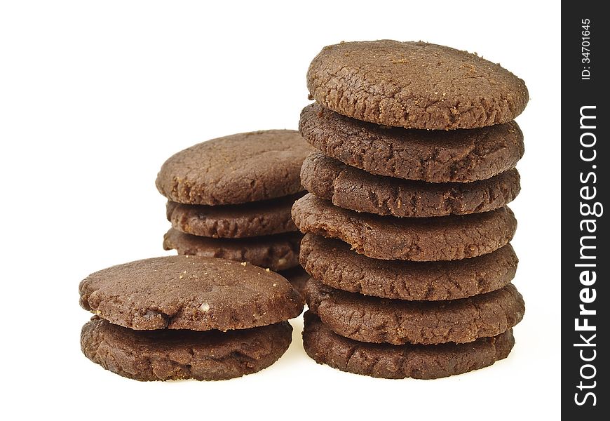 Group of chocolate cookie pile on white background