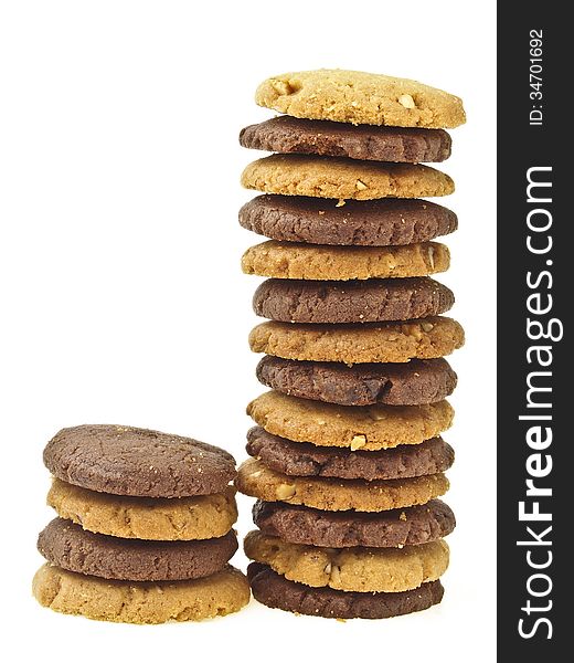 Two level of two color mix cookie stack on white background. Two level of two color mix cookie stack on white background